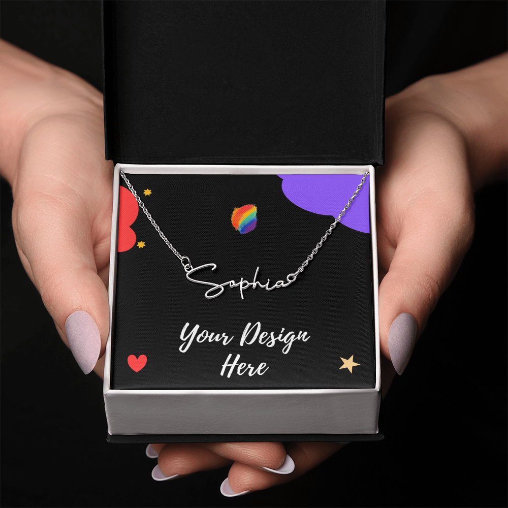 Hands holding a black box with a silver name necklace reading Sophia and text Your Design Here