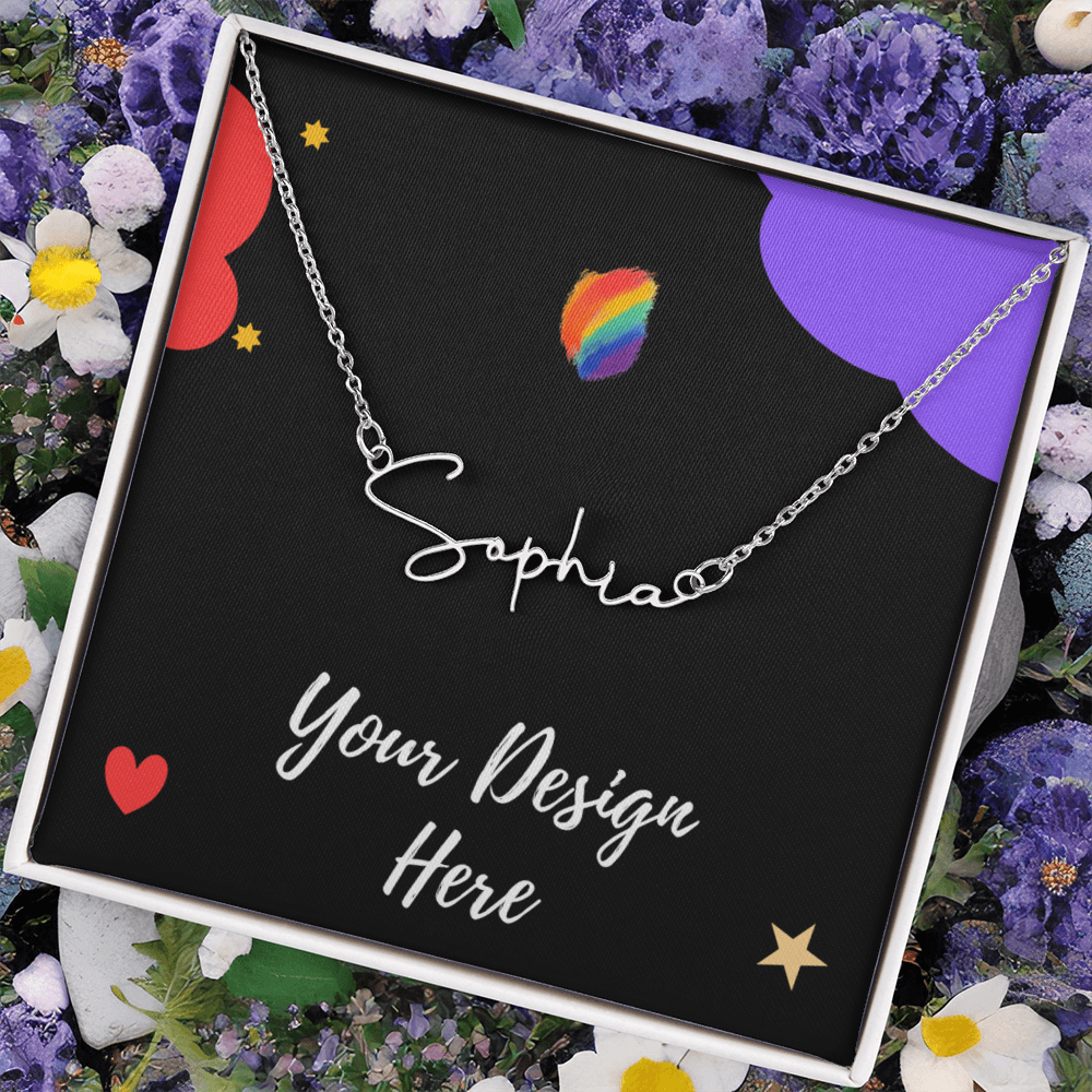 Silver custom name necklace reading Sophia on black presentation card with colorful abstract, hearts, and flowers backdrop