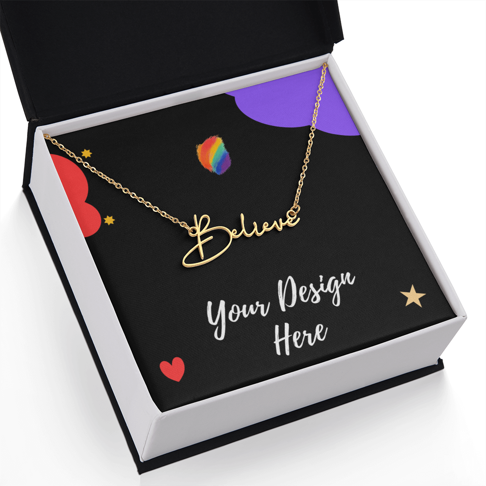 Gold necklace with Believe pendant in black gift box featuring colorful hearts and stars design