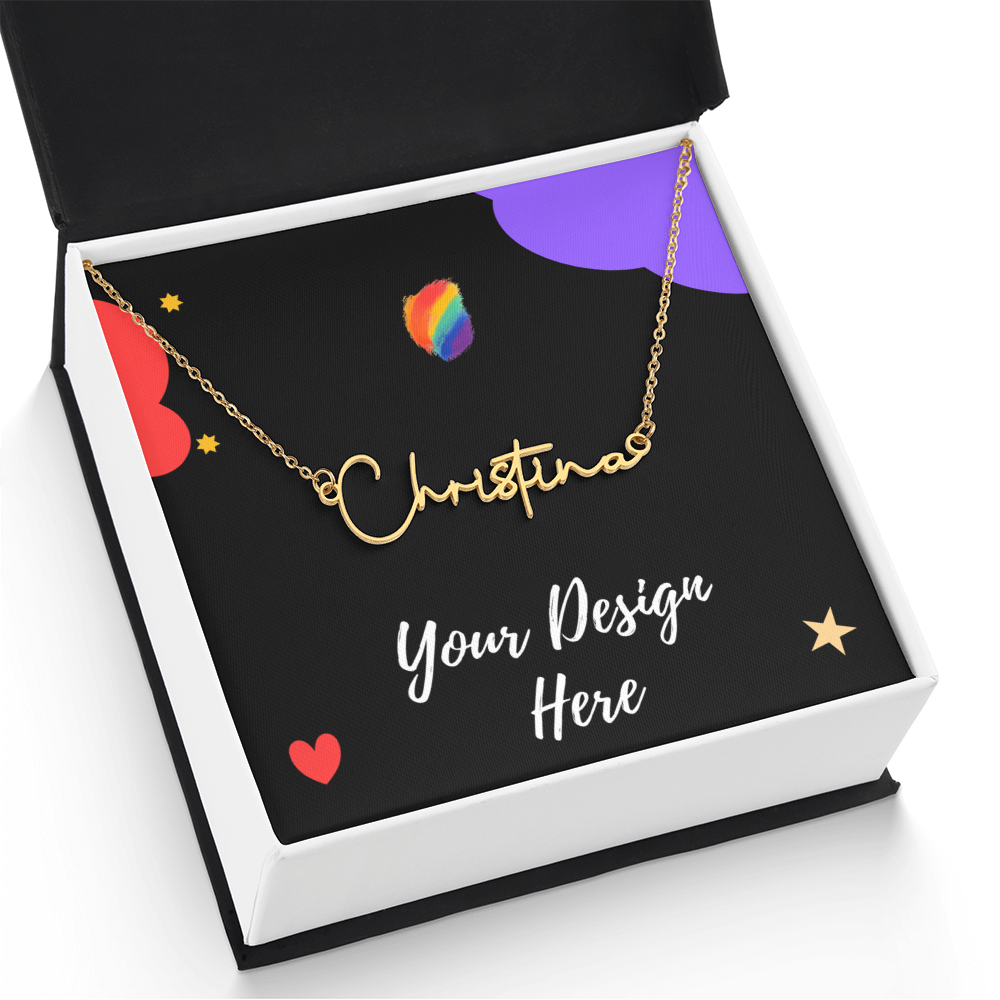 Gold name necklace with 'Christina' in black gift box with colorful heart and stars design