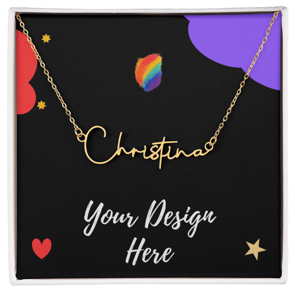 Gold name necklace with the name Christina on black custom design background in jewelry box