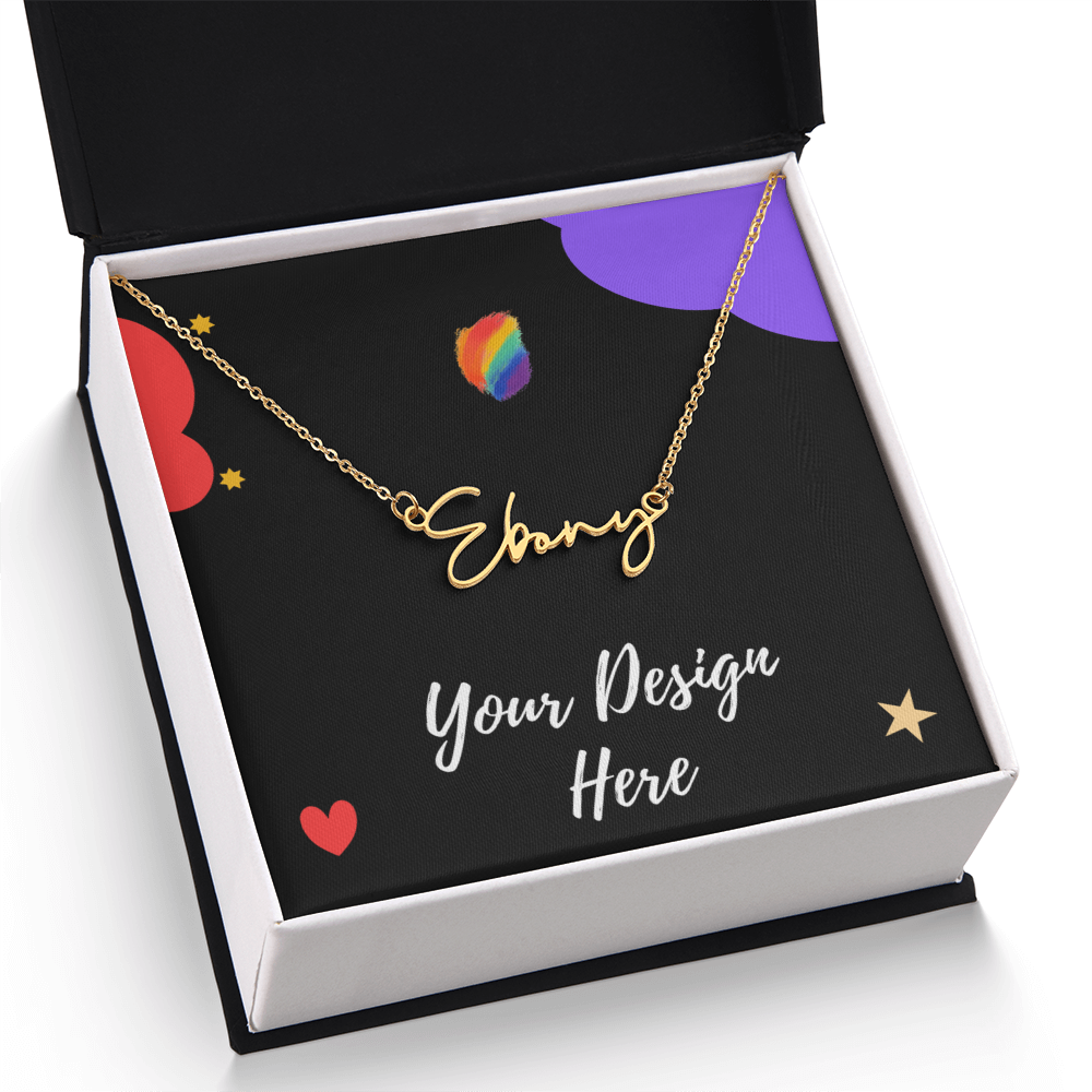 Gold name necklace engraved 'Ebony' in black gift box with colorful heart and star decals