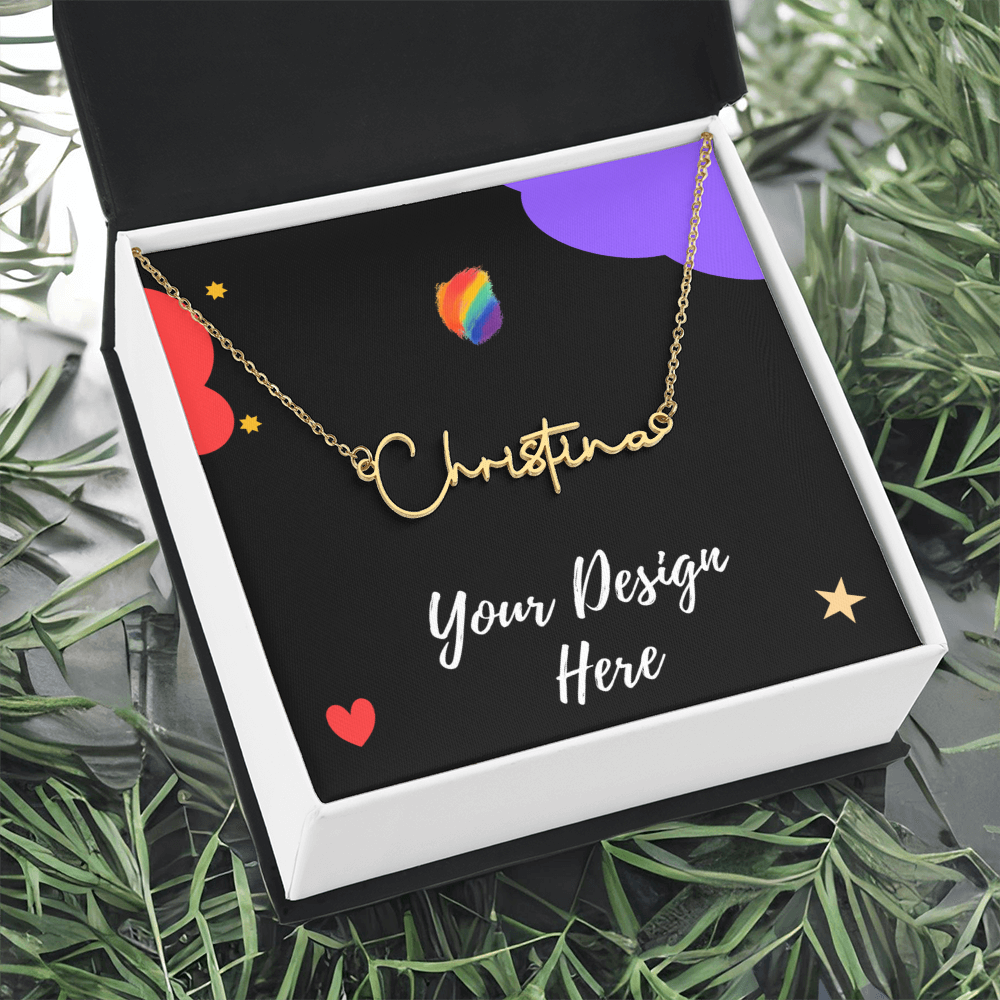 Gold name necklace with 'Christina' in a black gift box with colorful heart and star illustrations