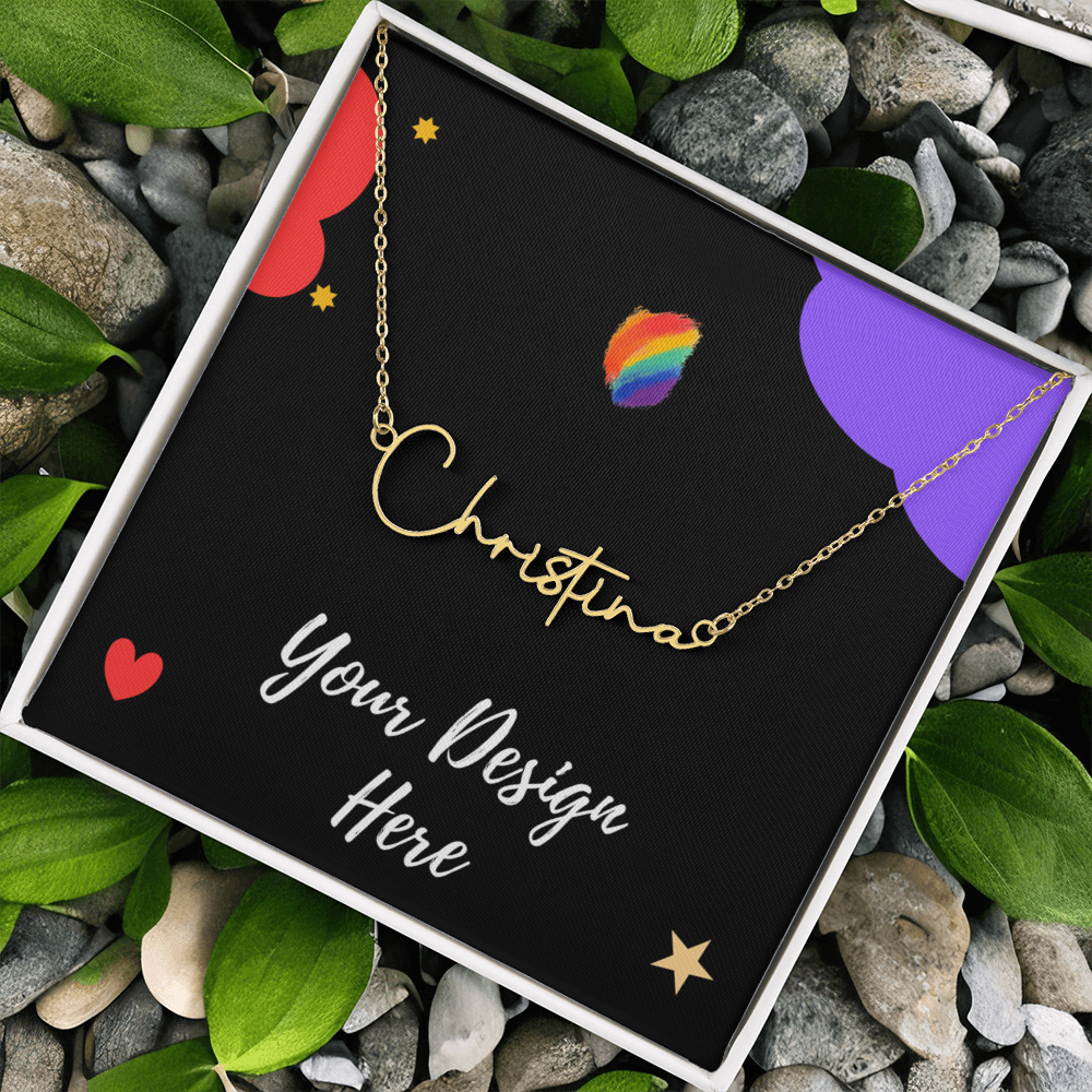 Gold custom name necklace packaging with 'Your Design Here' text and colorful design on black background