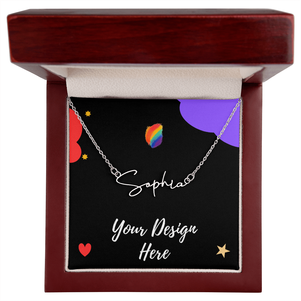 Silver custom name necklace with 'Sophia' in wooden jewelry box with colorful design