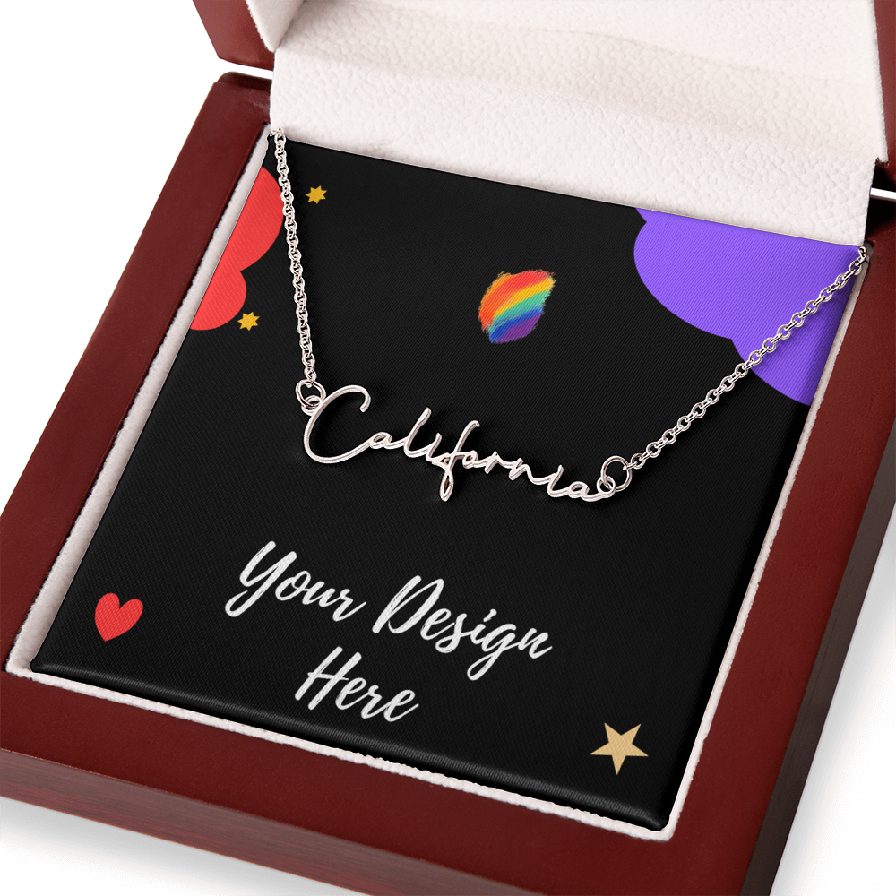 Silver California script necklace in a red jewelry box with black fabric and colorful design