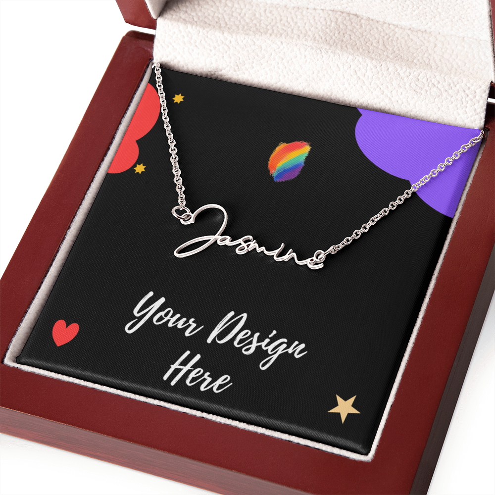 Silver name necklace with 'Jasmine' pendant in red jewelry box on black card with colorful stars and hearts
