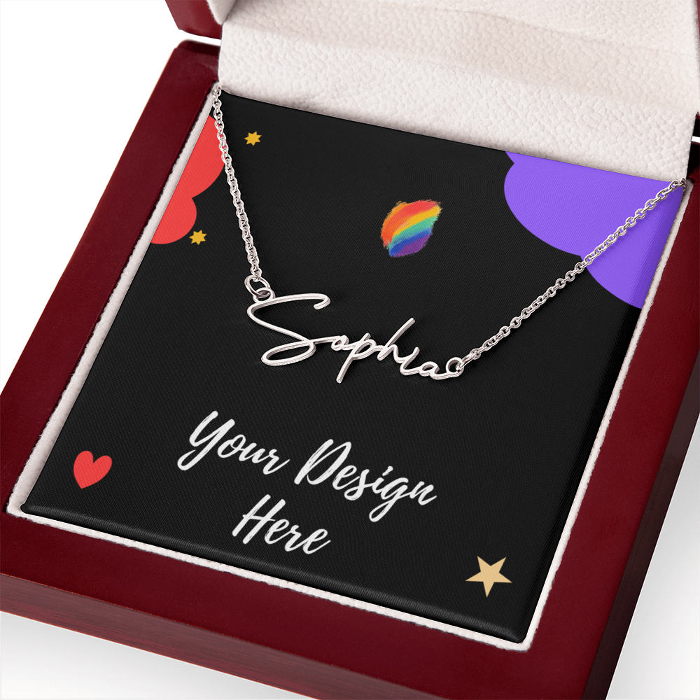 Silver necklace with name Sophia in a red velvet jewelry box with customizable design card