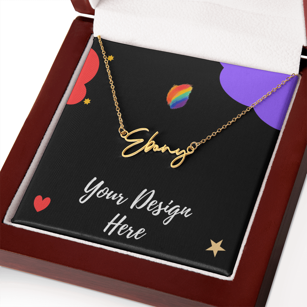 Gold name necklace reading Ebony in gift box with colorful heart and star design on black insert