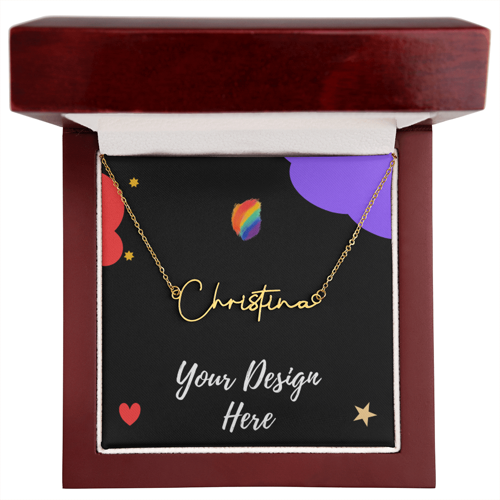 Gold name necklace with 'Christina' in cursive font inside an open red jewelry box with a black background