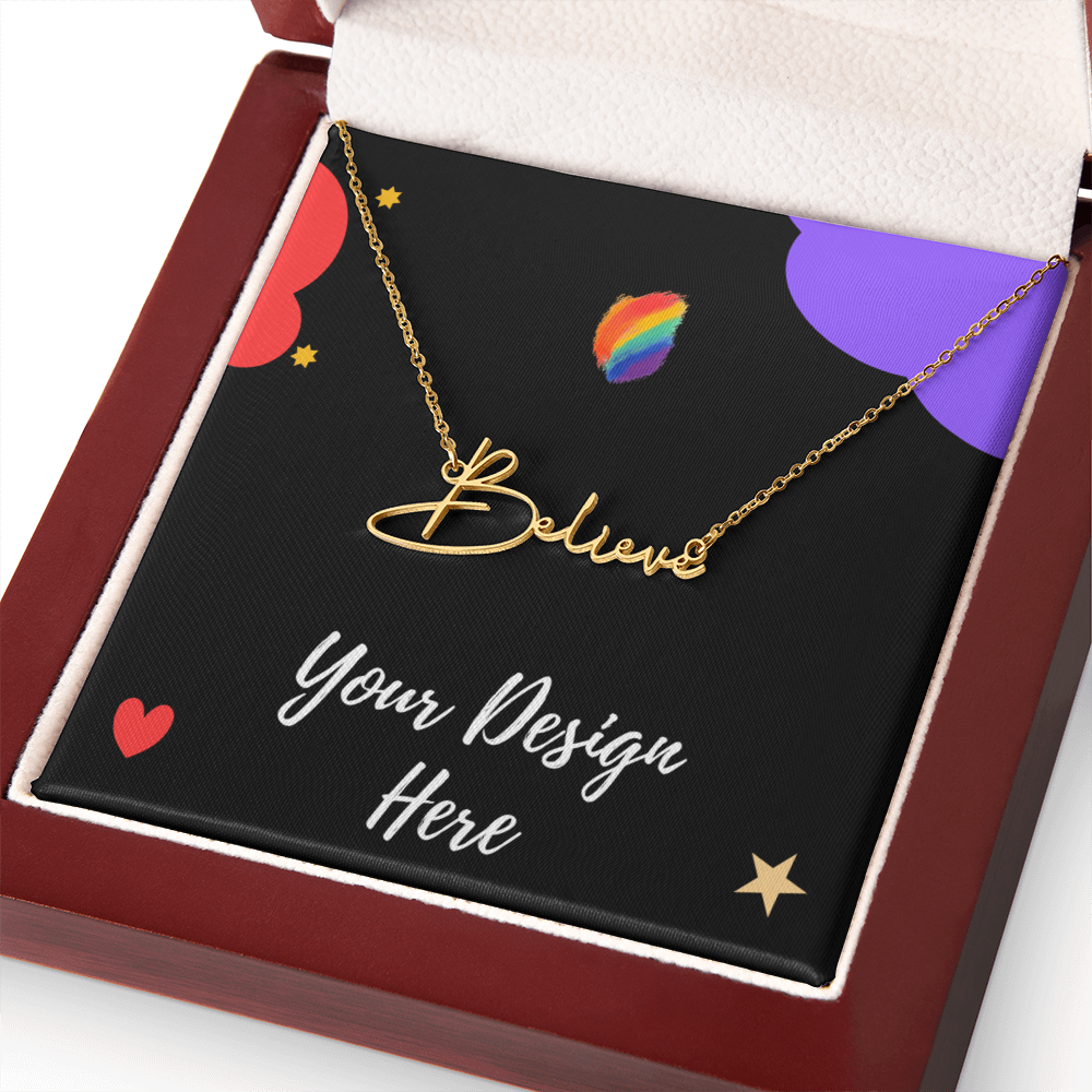 Gold necklace with believe pendant in red jewelry box on black card with colorful hearts and stars