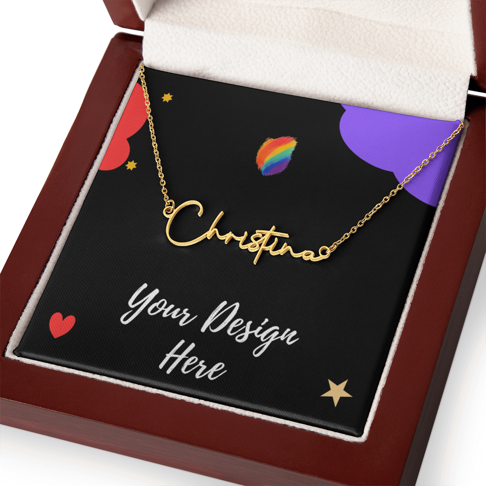 Gold personalized name necklace in elegant gift box with custom design card inside