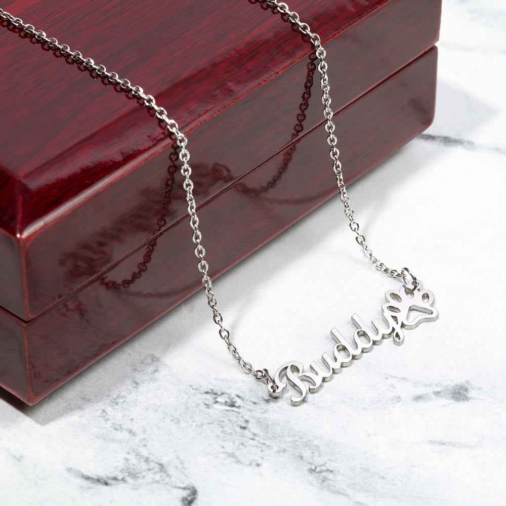 Silver necklace with name 'Buddy' and paw print pendant on white marble surface next to glossy wooden box
