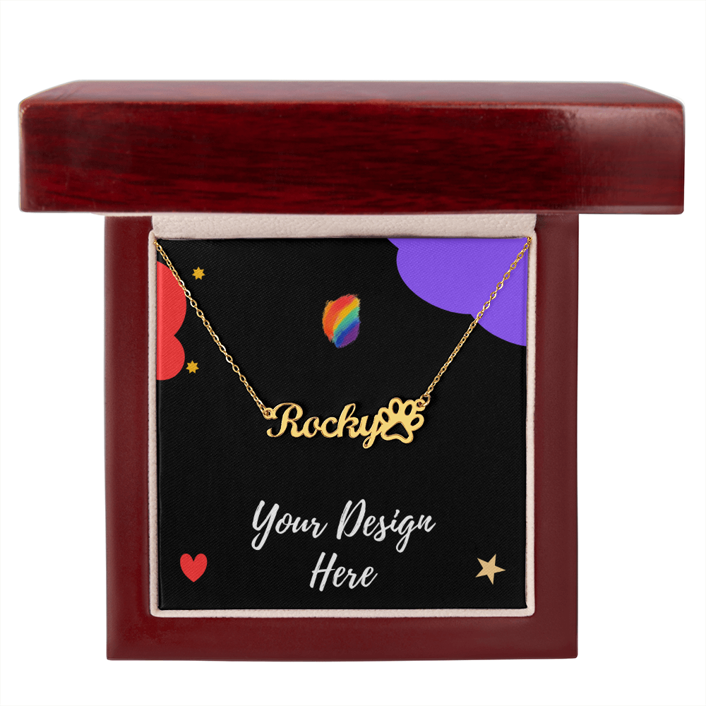 Gold custom name necklace 'Rocky' with paw print charm in red wooden gift box