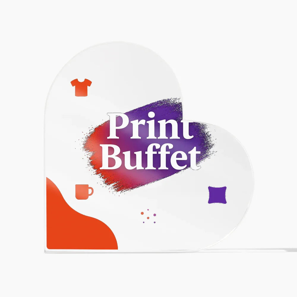 Heart-shaped transparent print buffet display with purple and red brush stroke and icons