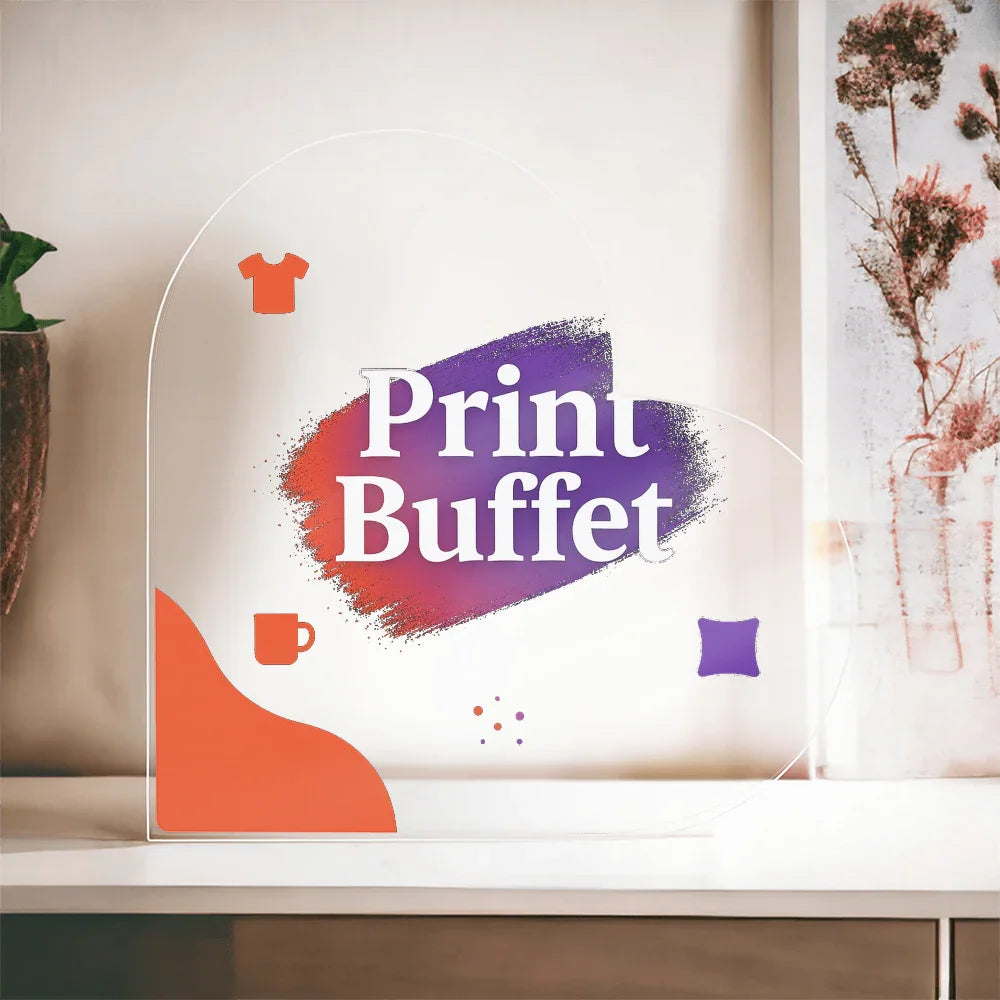 Transparent sign with colorful print buffet text and icons of shirt, mug, and pillow on shelf