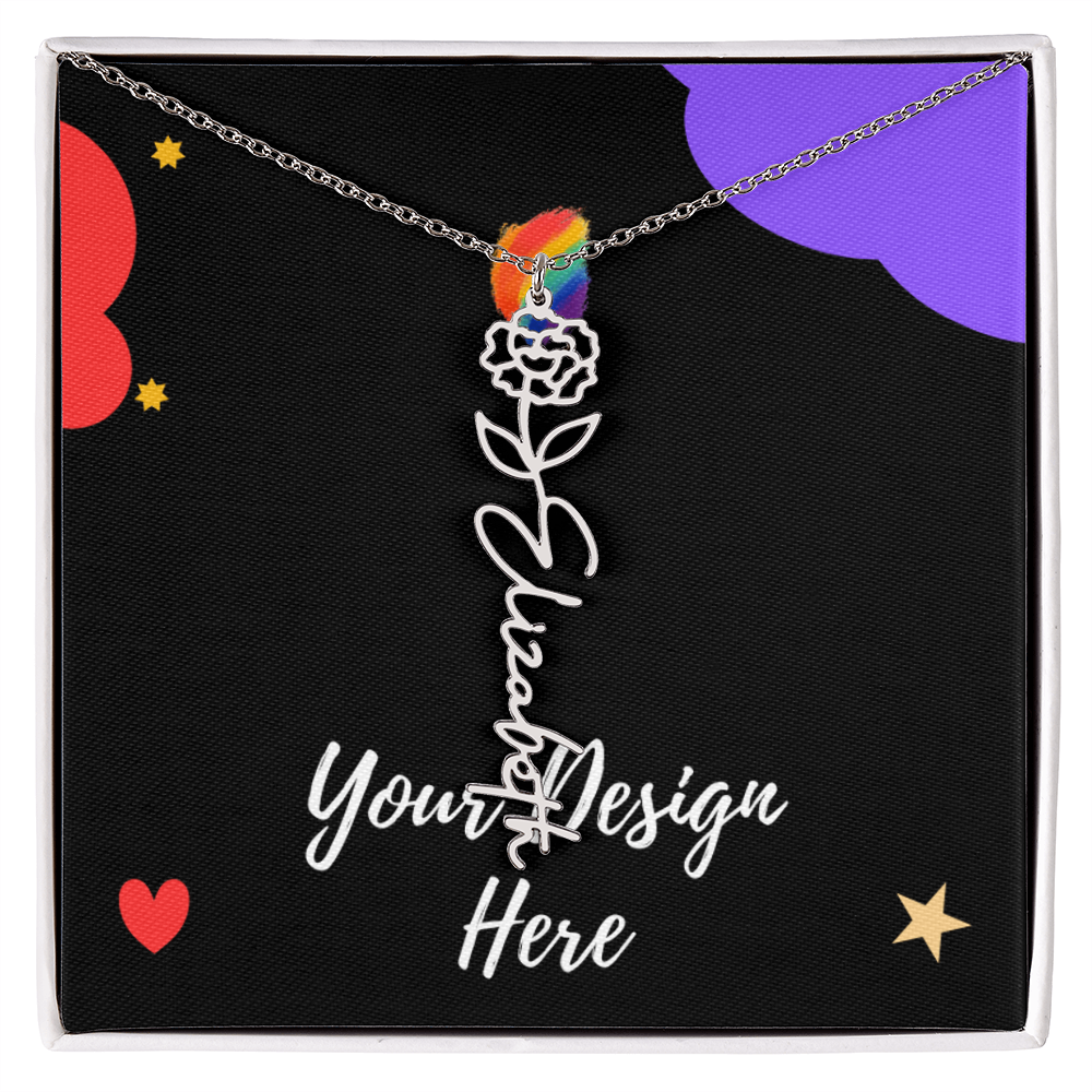 Silver necklace with rose and 'Elizabeth' name pendant on black gift box with colorful stars and hearts