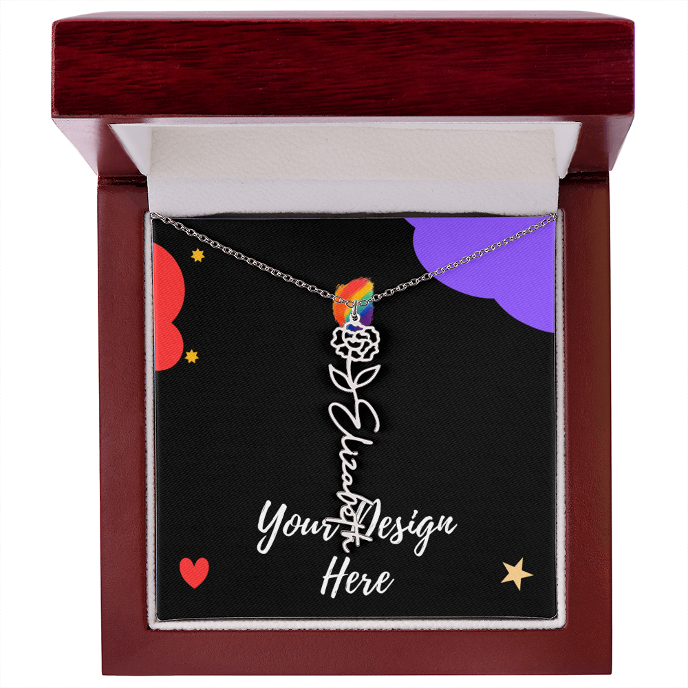 Silver name necklace with rose pendant in wooden gift box on black background with colorful stars and hearts
