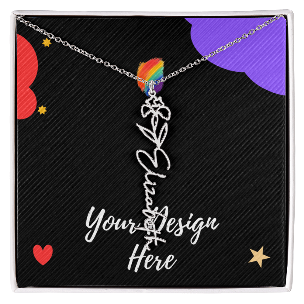 Silver personalized name necklace with floral design on colorful background in gift box