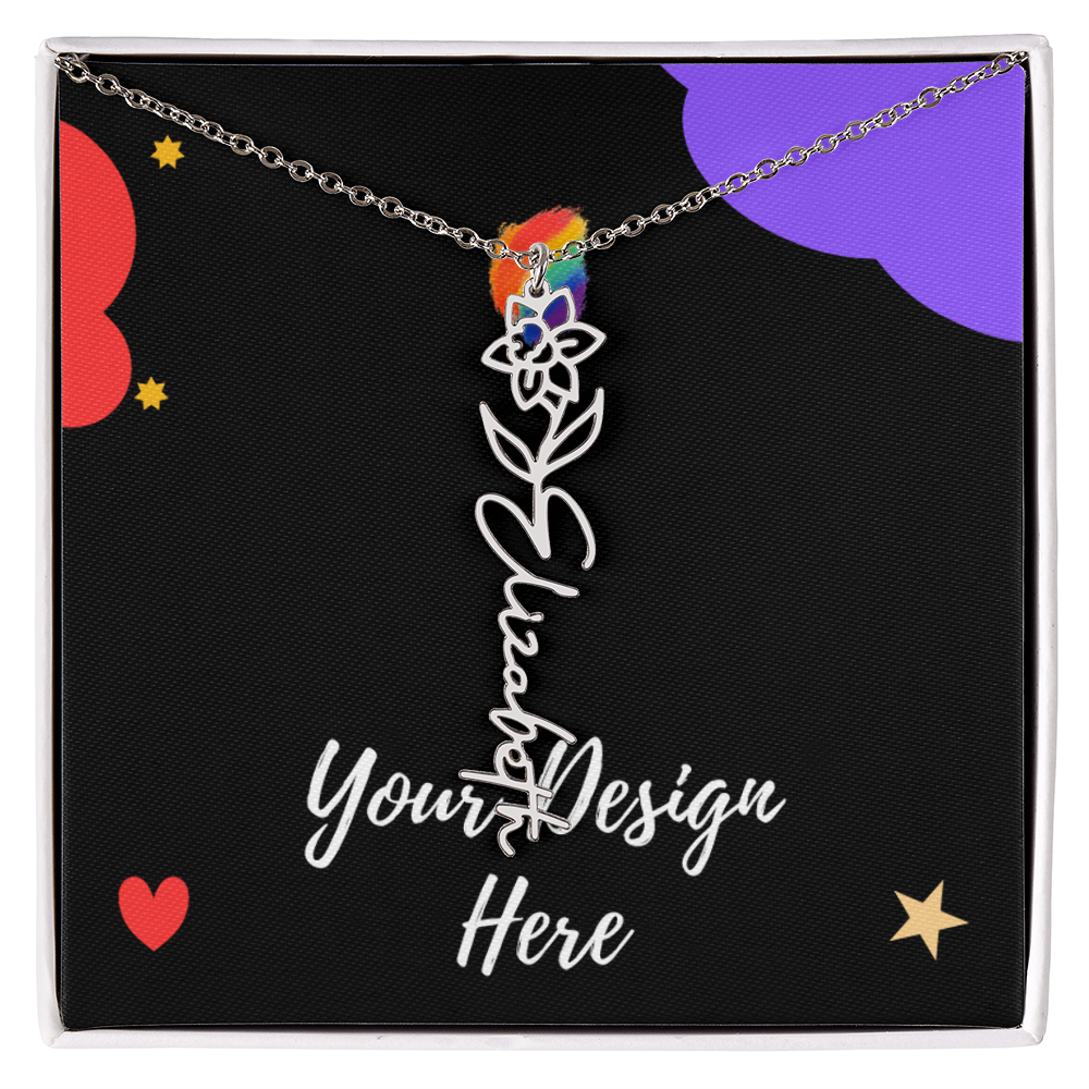 Silver Elizabeth flower name necklace displayed on black background with colorful design