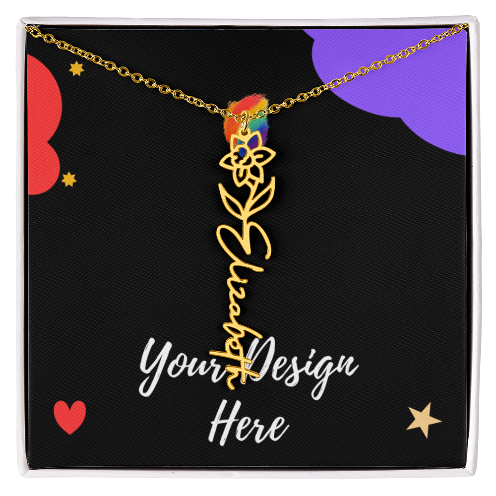 Gold necklace with custom name and flower pendant on black gift box with colorful stars and hearts