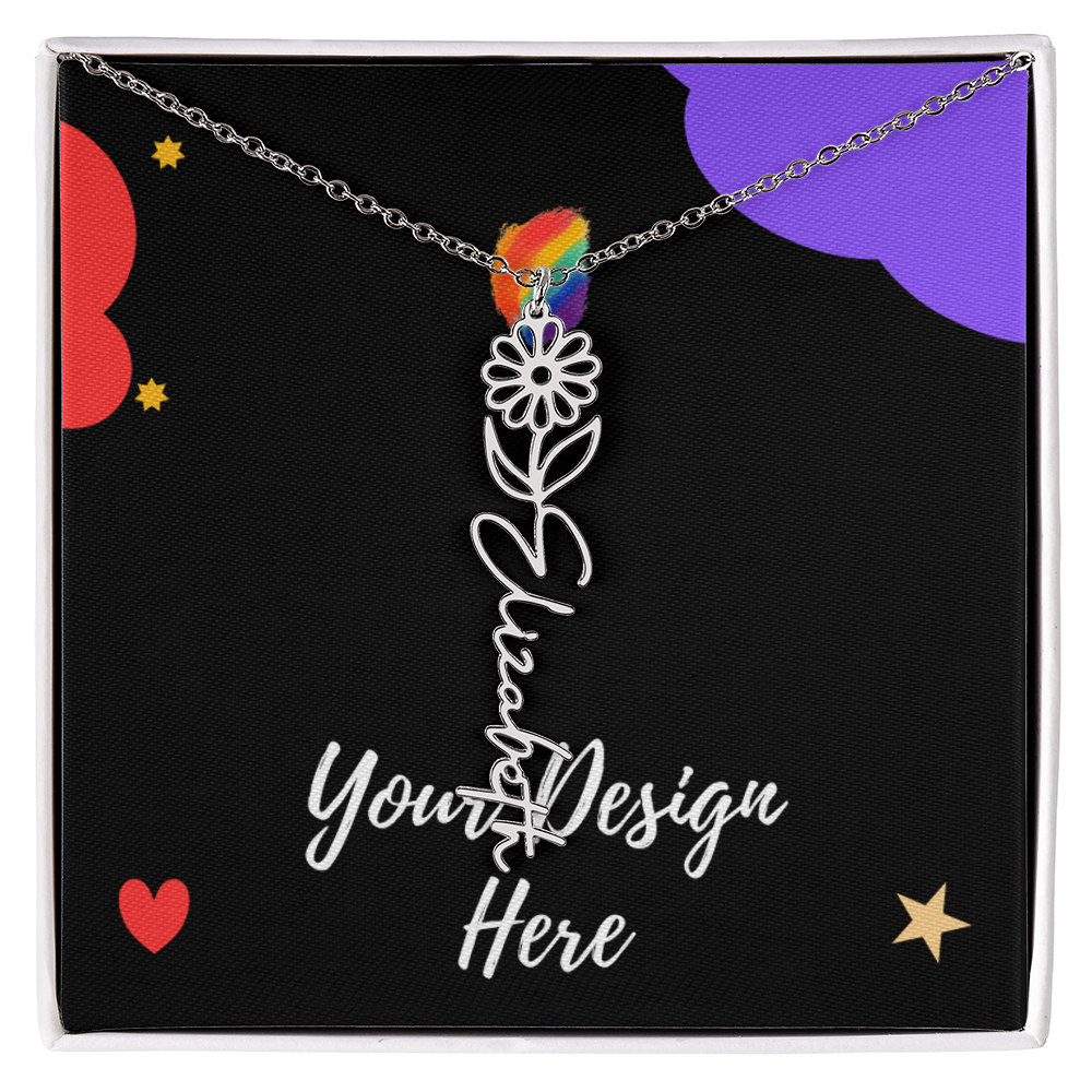 Silver personalized name necklace with flower pendant on chain, displayed on black gift box