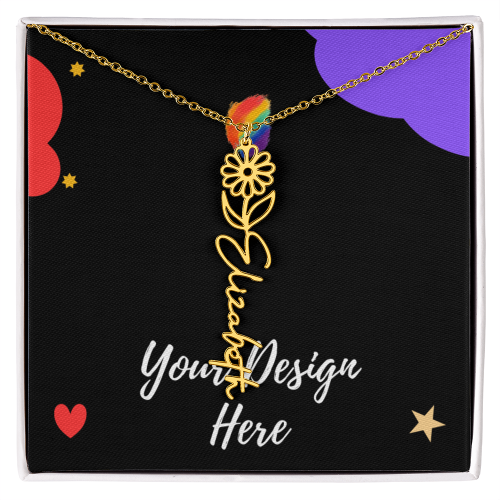 Gold personalized name necklace with flower pendant on black gift box with colorful design