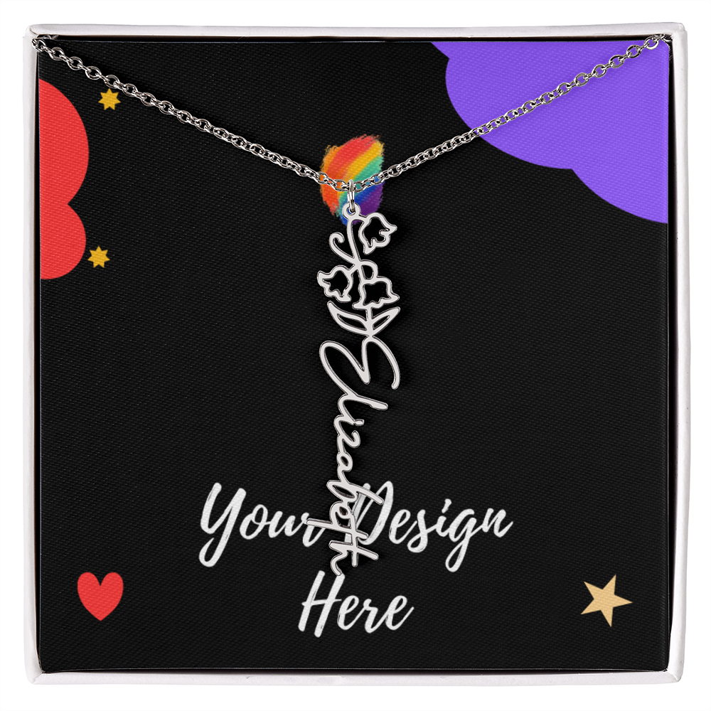 Silver custom name necklace with floral design on a chain displayed on black card with colorful shapes