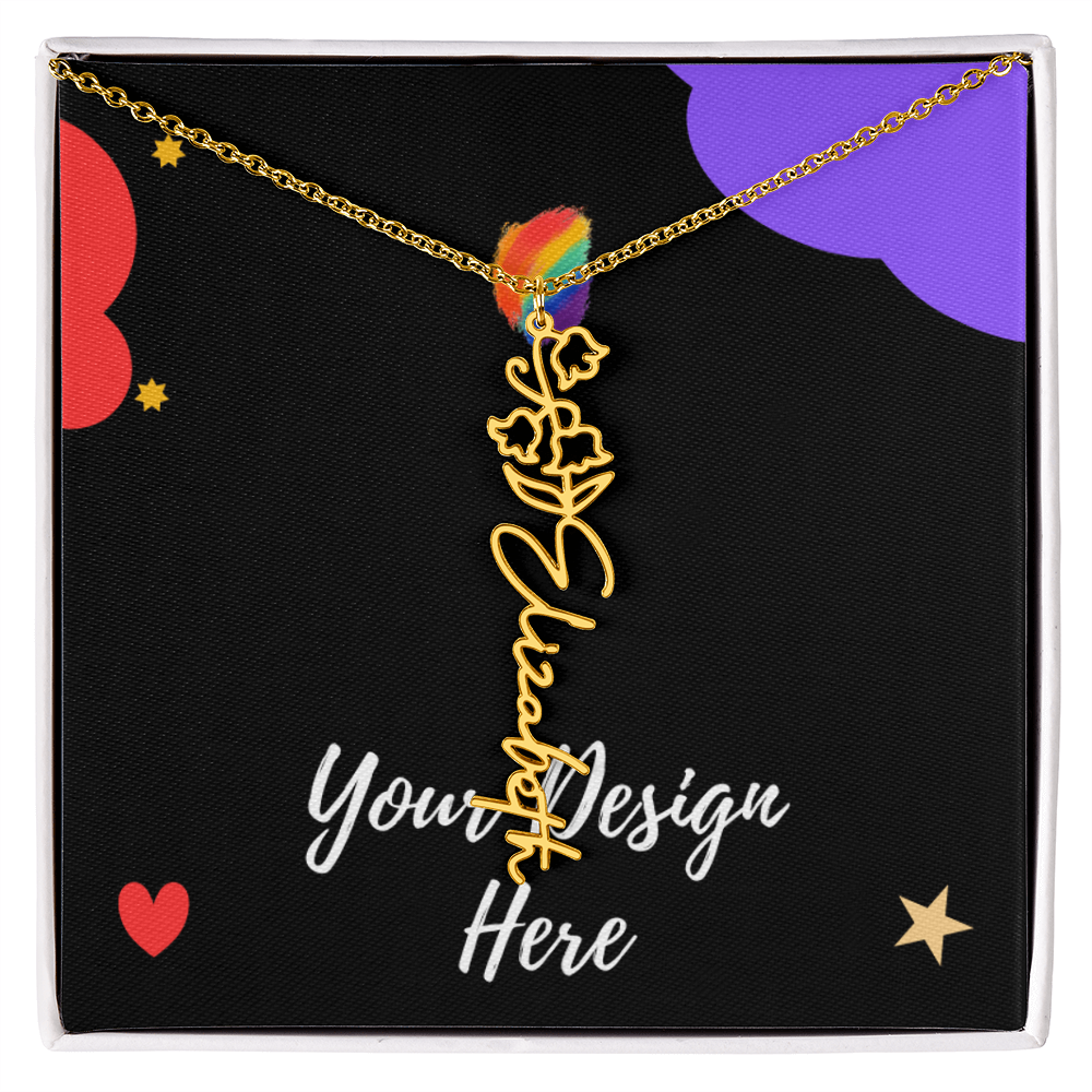 Gold personalized name necklace with floral design on black card with colorful accents
