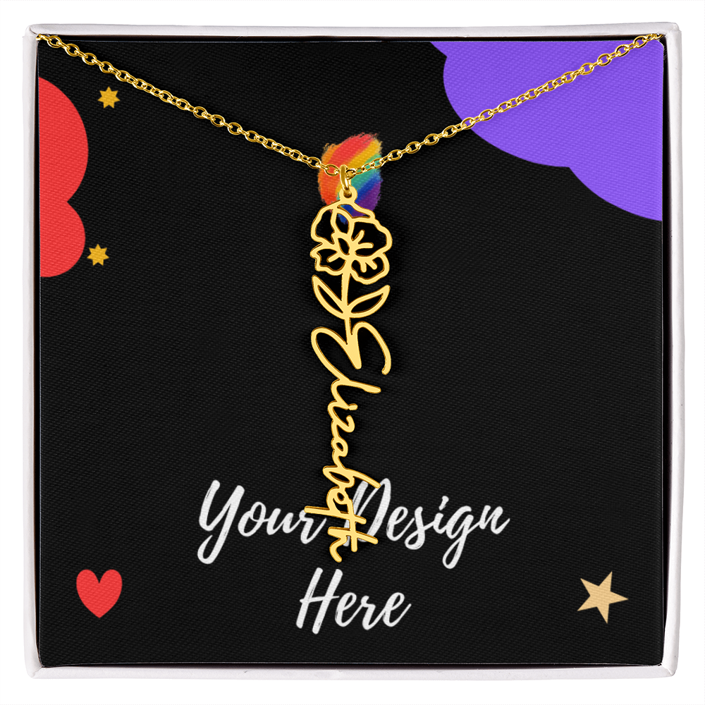 Gold custom name necklace with flower pendant on black background featuring Your Design Here text