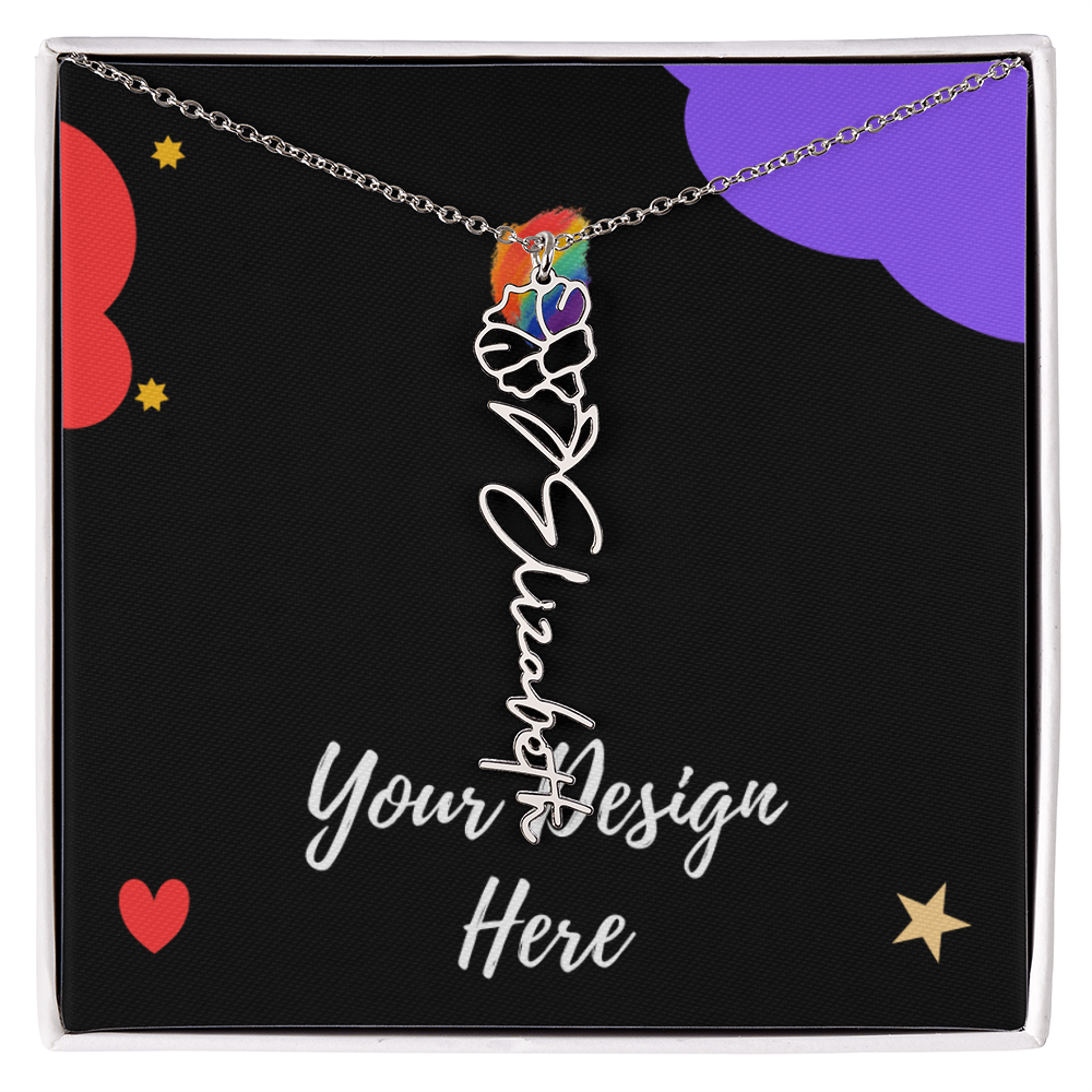 Silver custom name necklace with butterfly and rainbow pendant on black card with stars and hearts