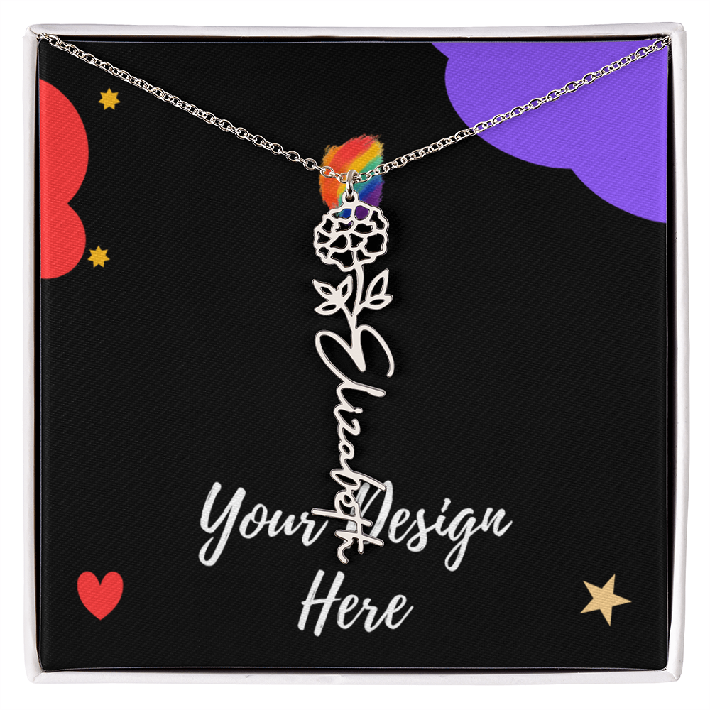 Silver floral pendant necklace with name design on black background with colorful hearts and stars