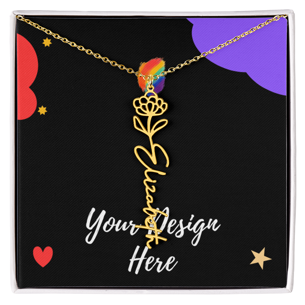 Gold flower pendant necklace with custom script name Elizabeth on black gift box