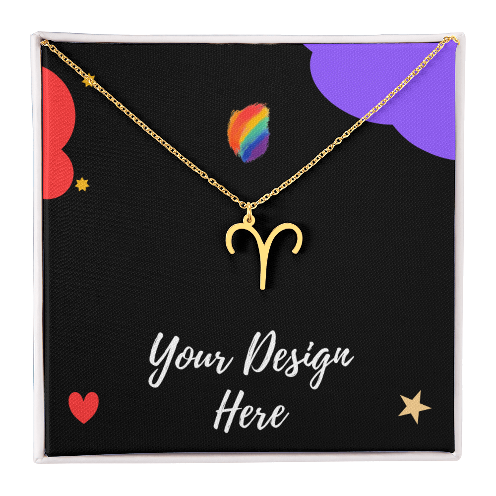 Gold Aries zodiac pendant necklace in black gift box with colorful clouds and stars design