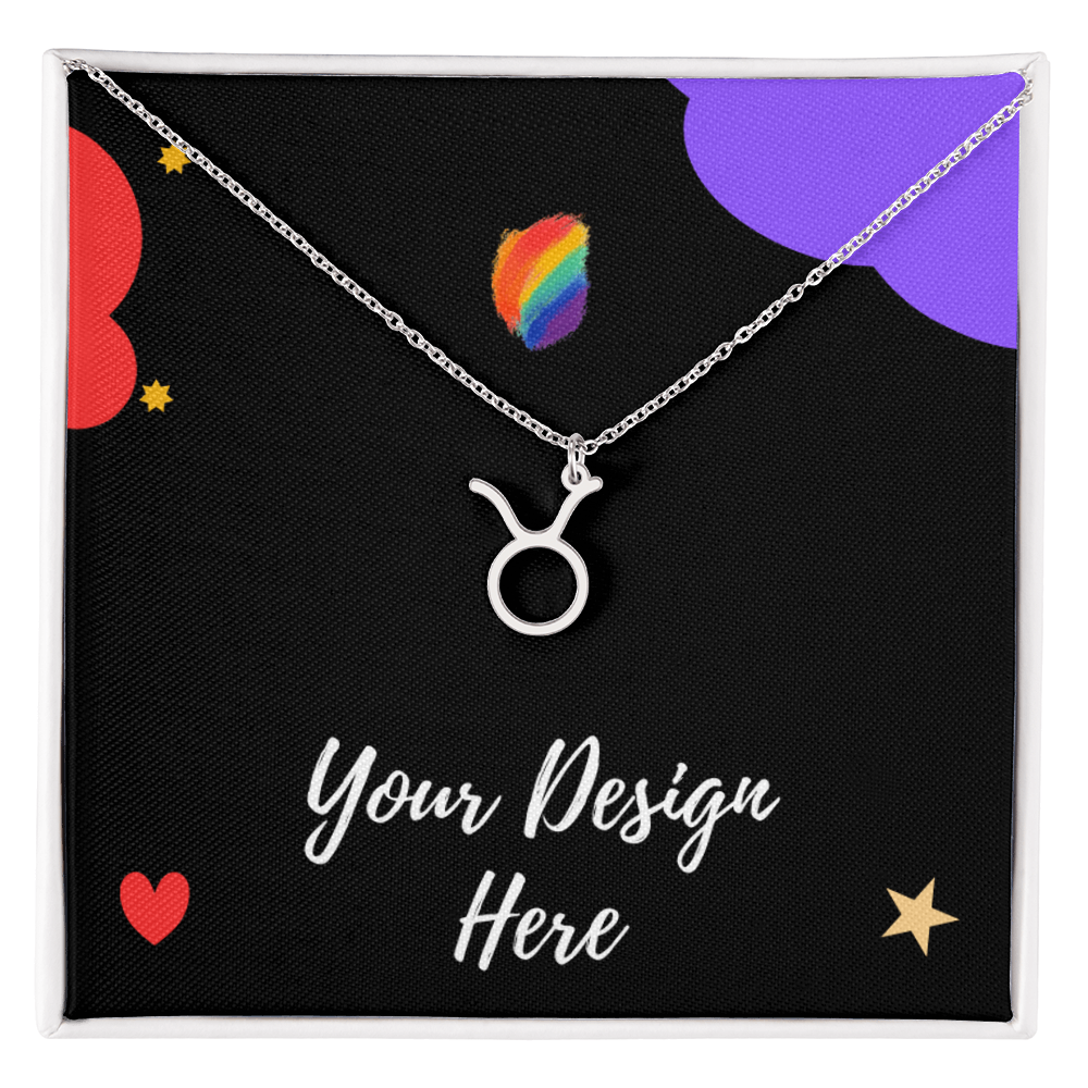 Silver Taurus zodiac pendant necklace on black card with colorful heart and star decorations