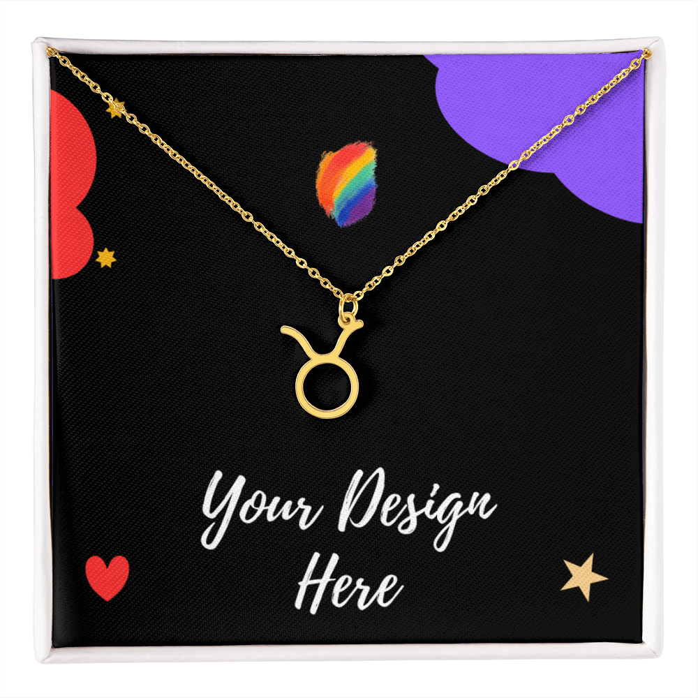 Gold Taurus zodiac symbol necklace on black background with colorful shapes and Your Design Here text