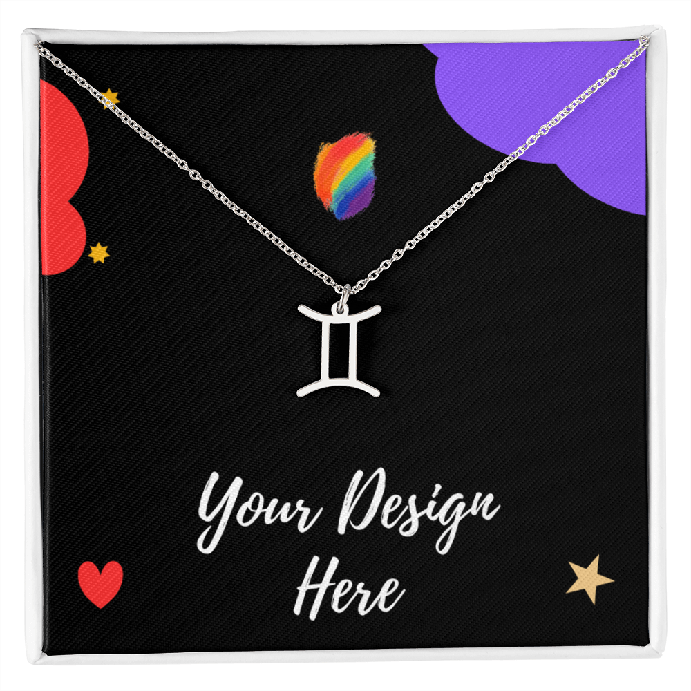 Silver Gemini zodiac symbol necklace on black background with colorful stars and hearts
