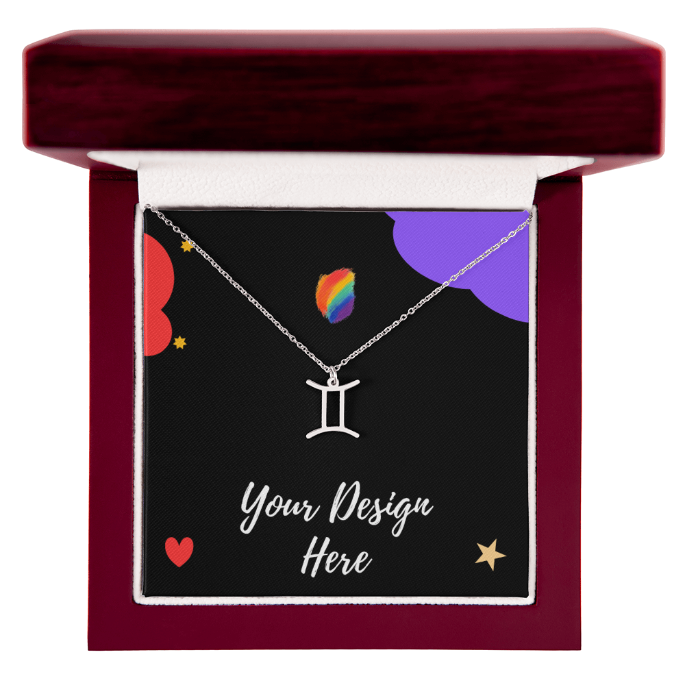 Silver Gemini zodiac necklace in burgundy gift box with customizable black card