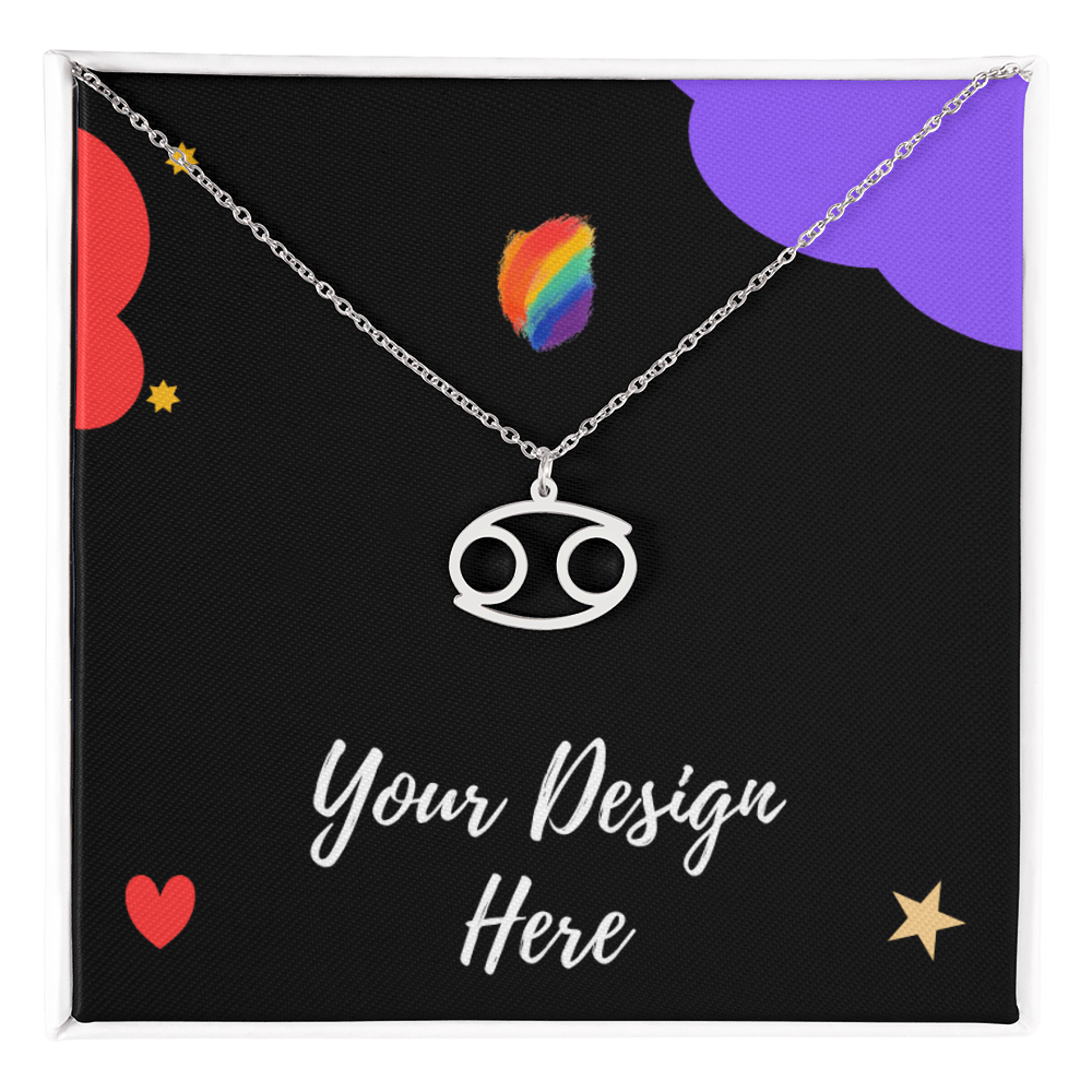 Silver Cancer zodiac sign necklace on black card with colorful cloud, rainbow flame, hearts, stars