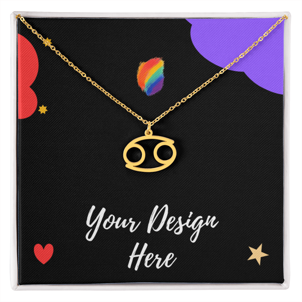 Gold Cancer zodiac sign pendant necklace on black background with rainbow and colorful decorative shapes