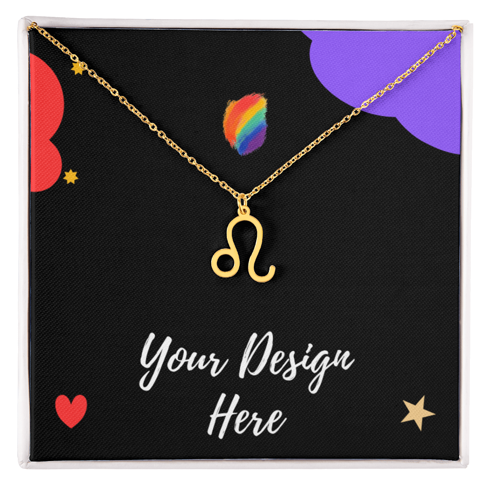 gold Leo zodiac sign necklace on black card with rainbow heart and stars, customizable design space