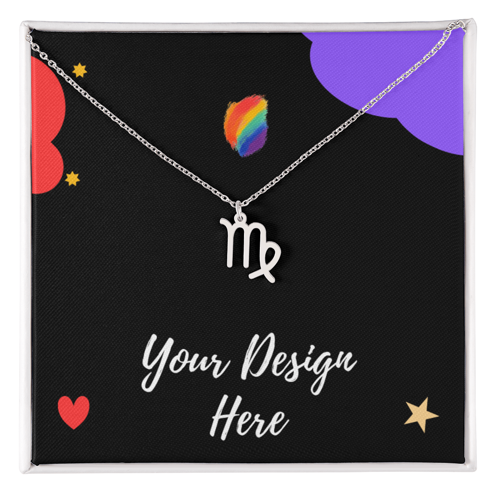 Silver Virgo zodiac sign necklace on black background with colorful clouds, stars, and rainbow detail
