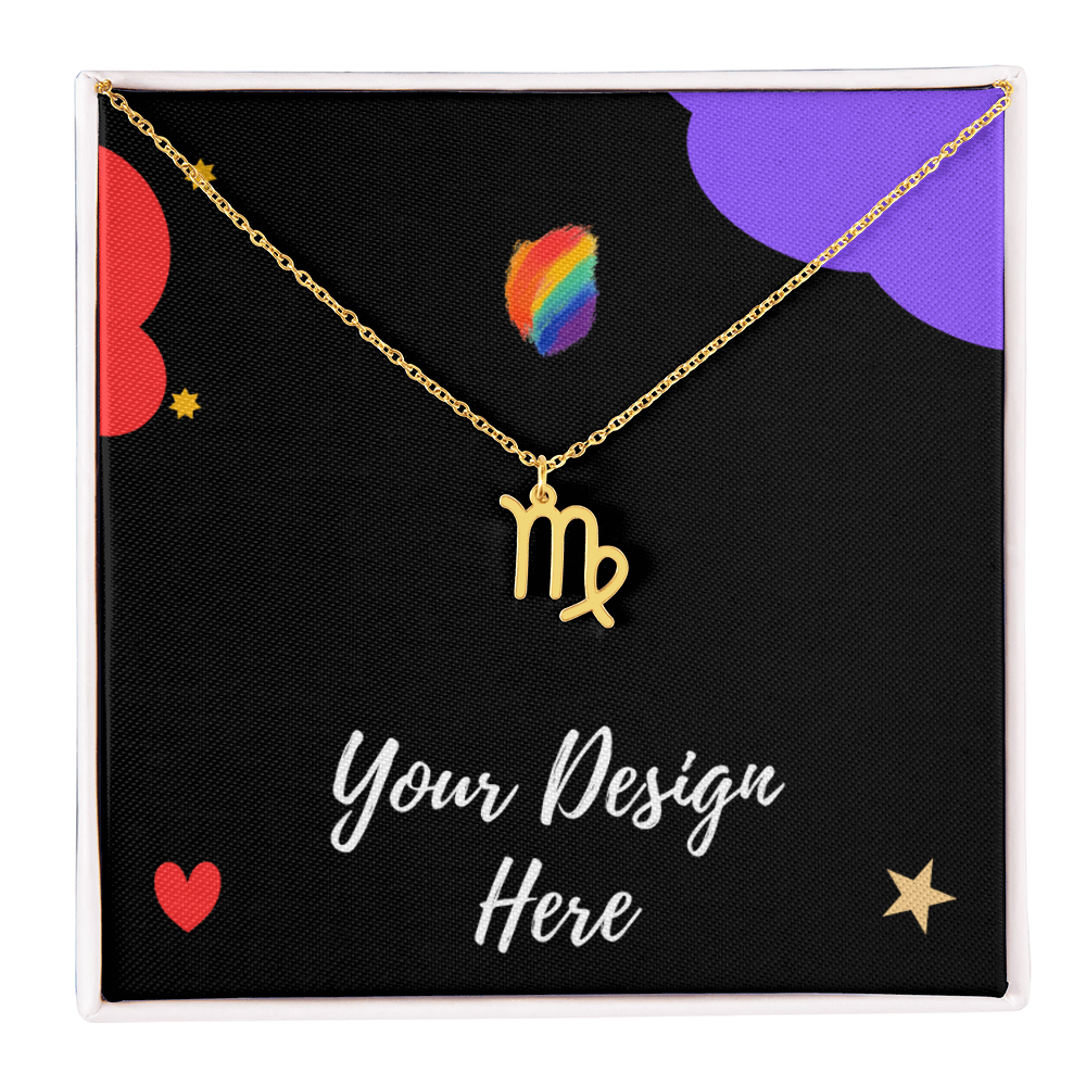 Gold Virgo zodiac necklace on black background with colorful design and text Your Design Here
