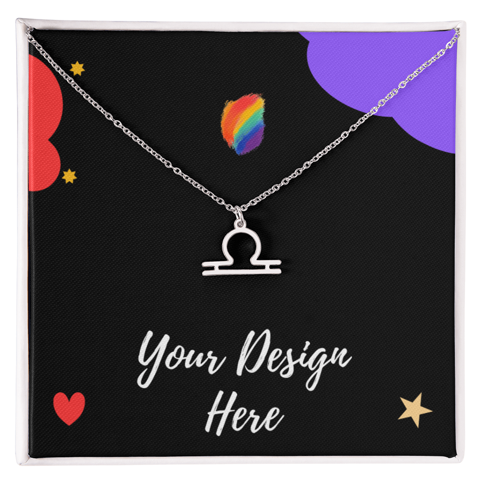 Silver Libra zodiac pendant necklace on black backing with colorful stars and hearts