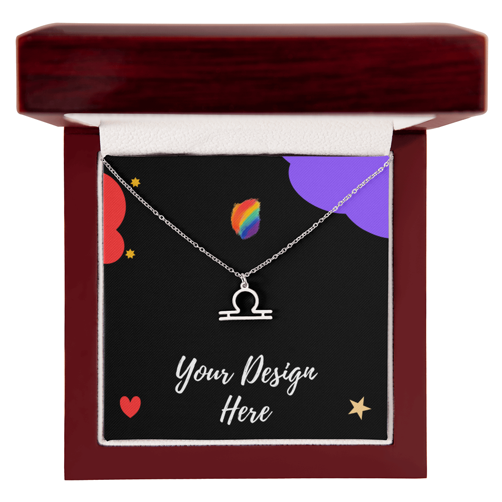 Silver Libra zodiac symbol necklace in a dark red jewelry box with colorful background and Your Design Here text