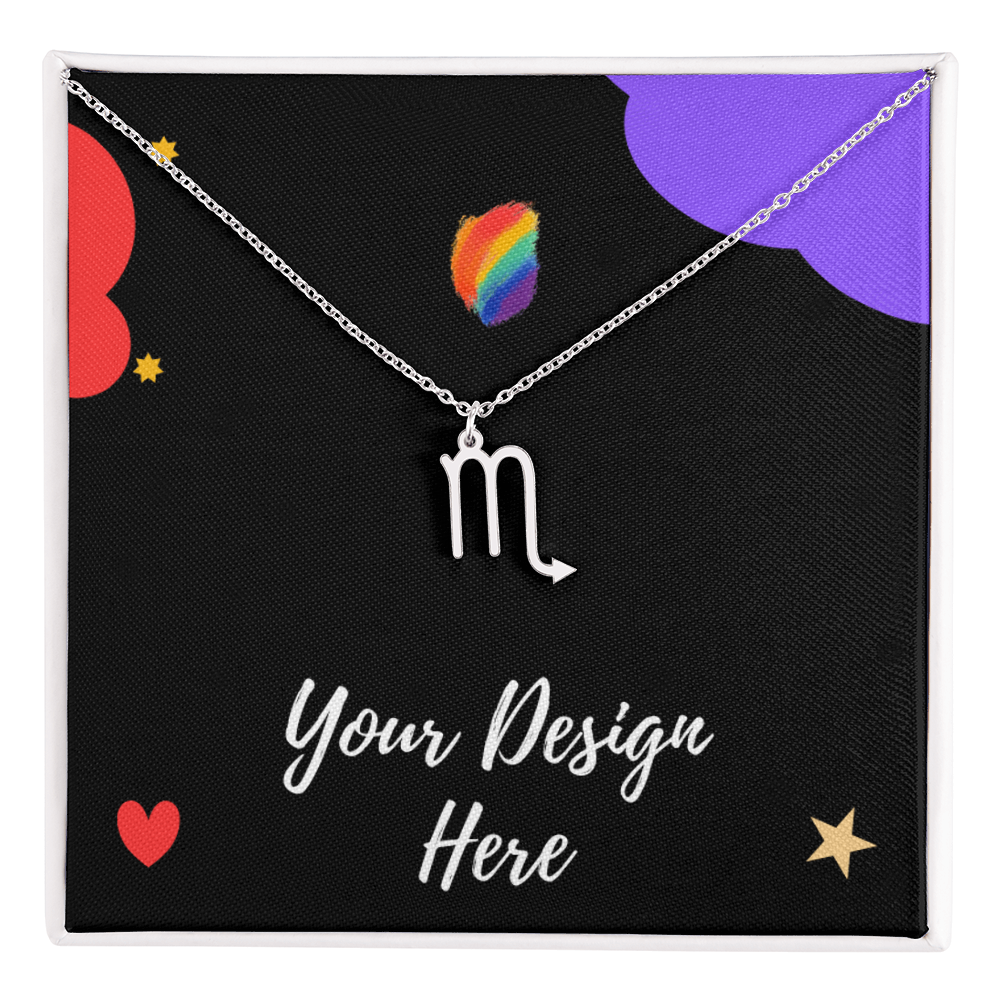 Silver Scorpio zodiac sign necklace on black card with colorful shapes and text Your Design Here