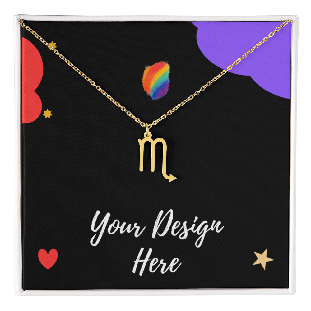 Gold Scorpio zodiac pendant necklace on black card with colorful clouds and stars design