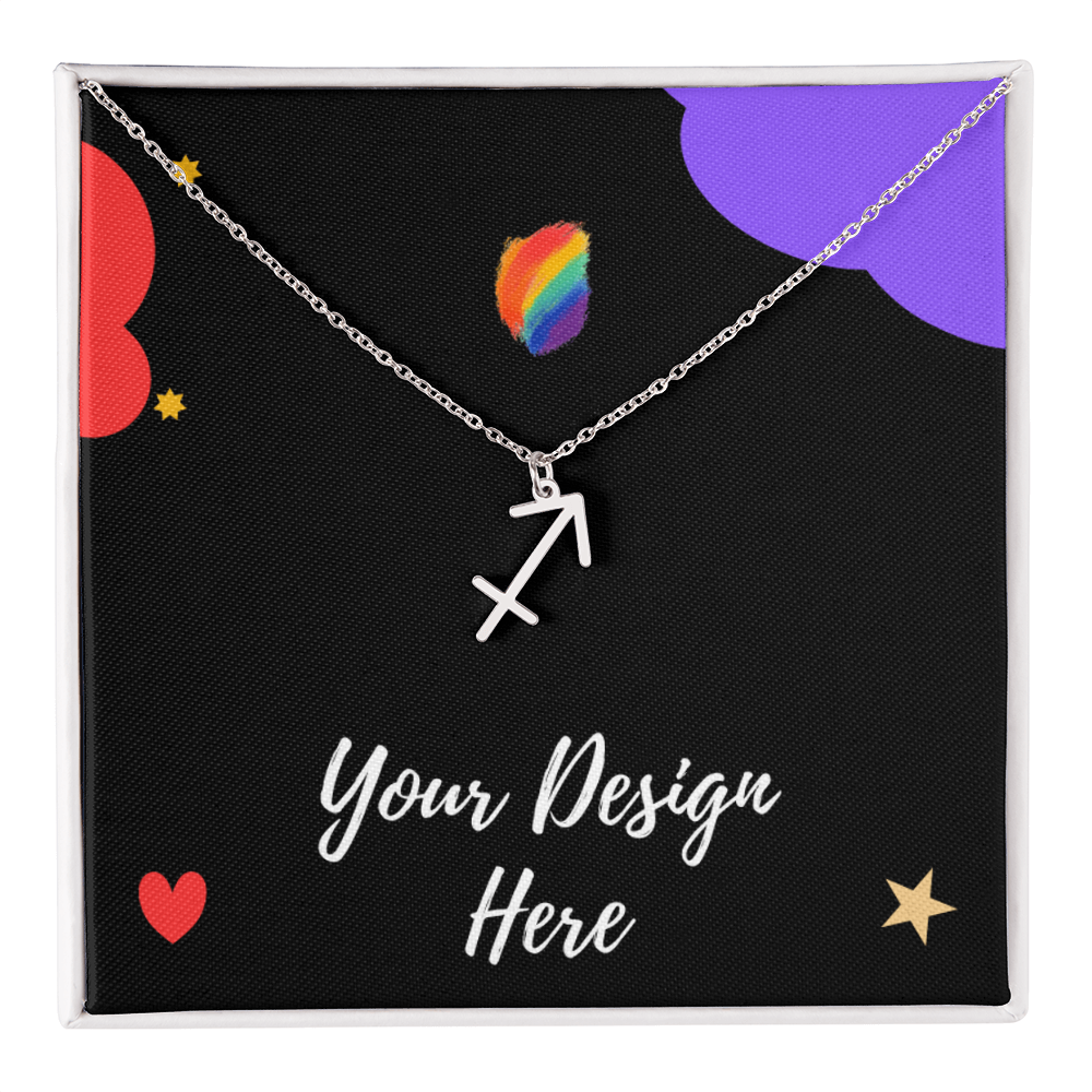 Silver Sagittarius zodiac necklace on black fabric with rainbow, stars, and heart accents