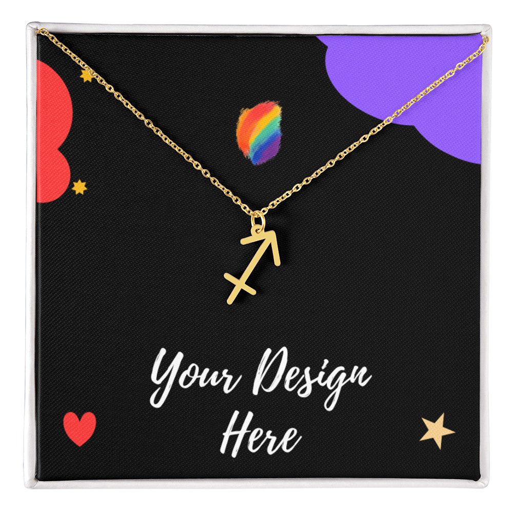 Gold Sagittarius zodiac arrow pendant necklace on black background with colorful accents and customization text