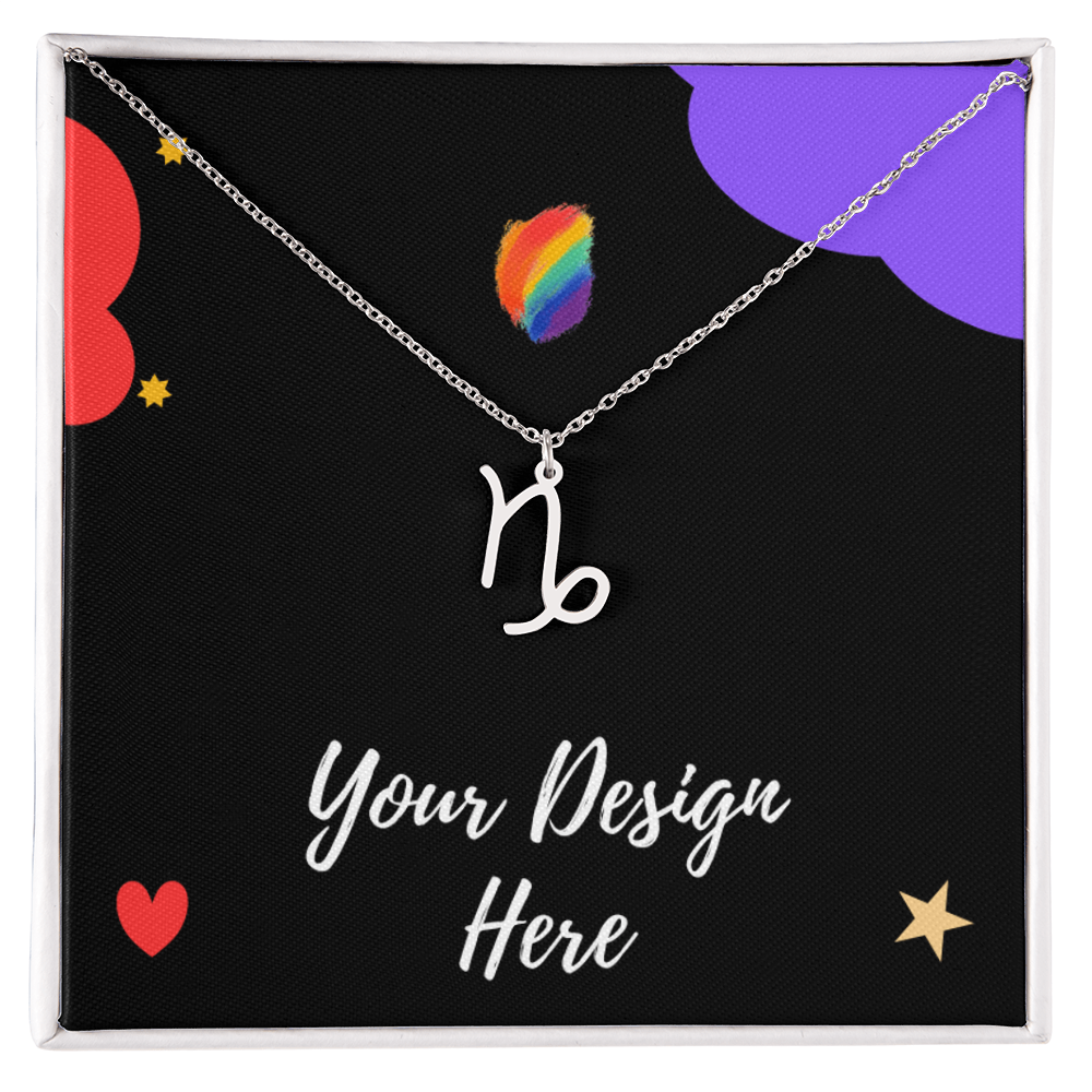 Silver Capricorn zodiac sign necklace on black box with colorful stars and hearts, customizable design